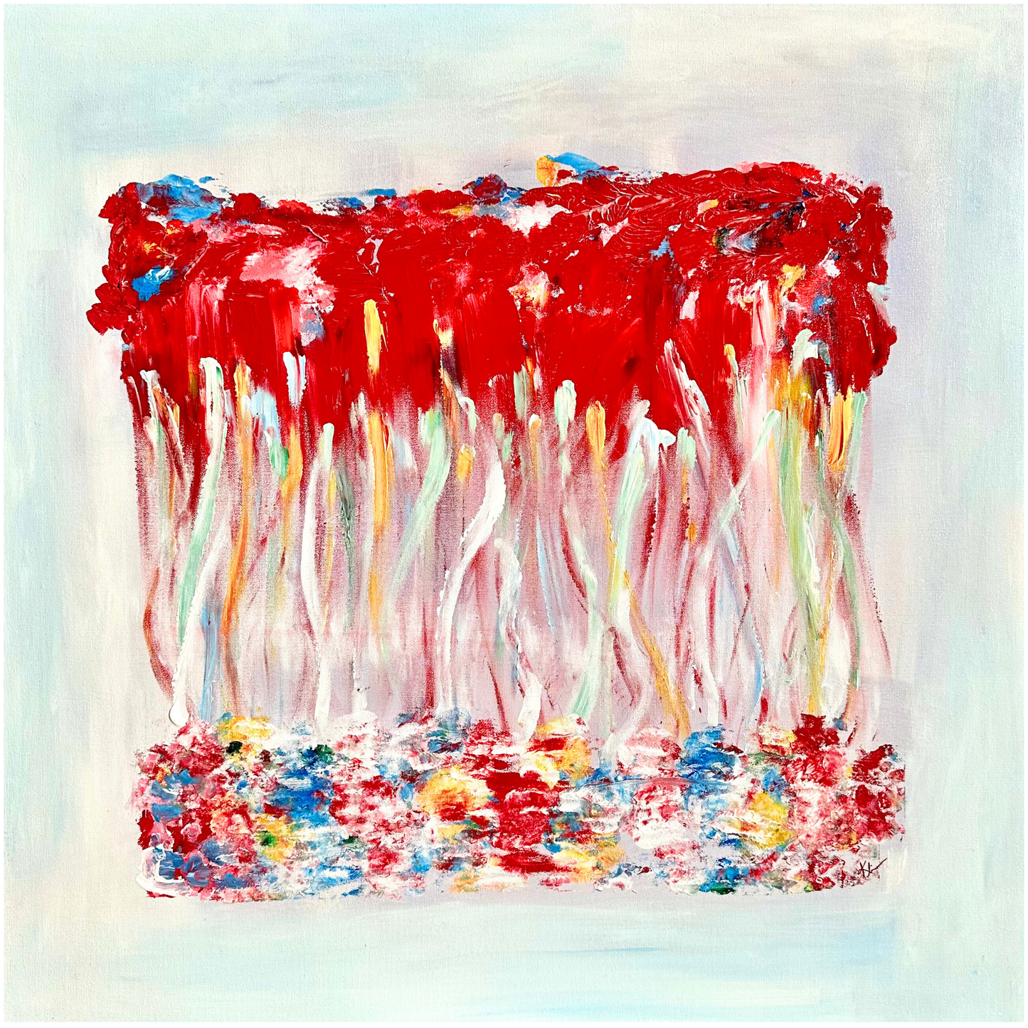 "Aspire" 36" x 36, Abstract painting by Sandra Klim located in St. Petersburg, FL Roots grow up from the land, aspiring to become bigger, better and more colorful.