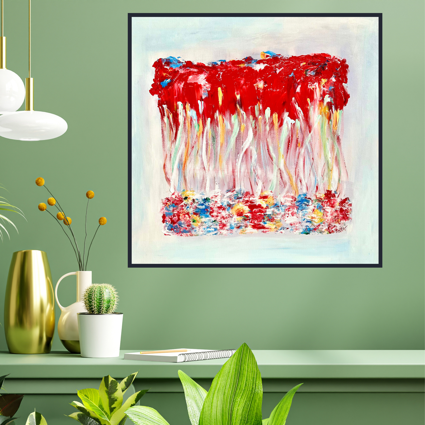 "Aspire" 36" x 36, Abstract painting by Sandra Klim located in St. Petersburg, FL Roots grow up from the land, aspiring to become bigger, better and more colorful.