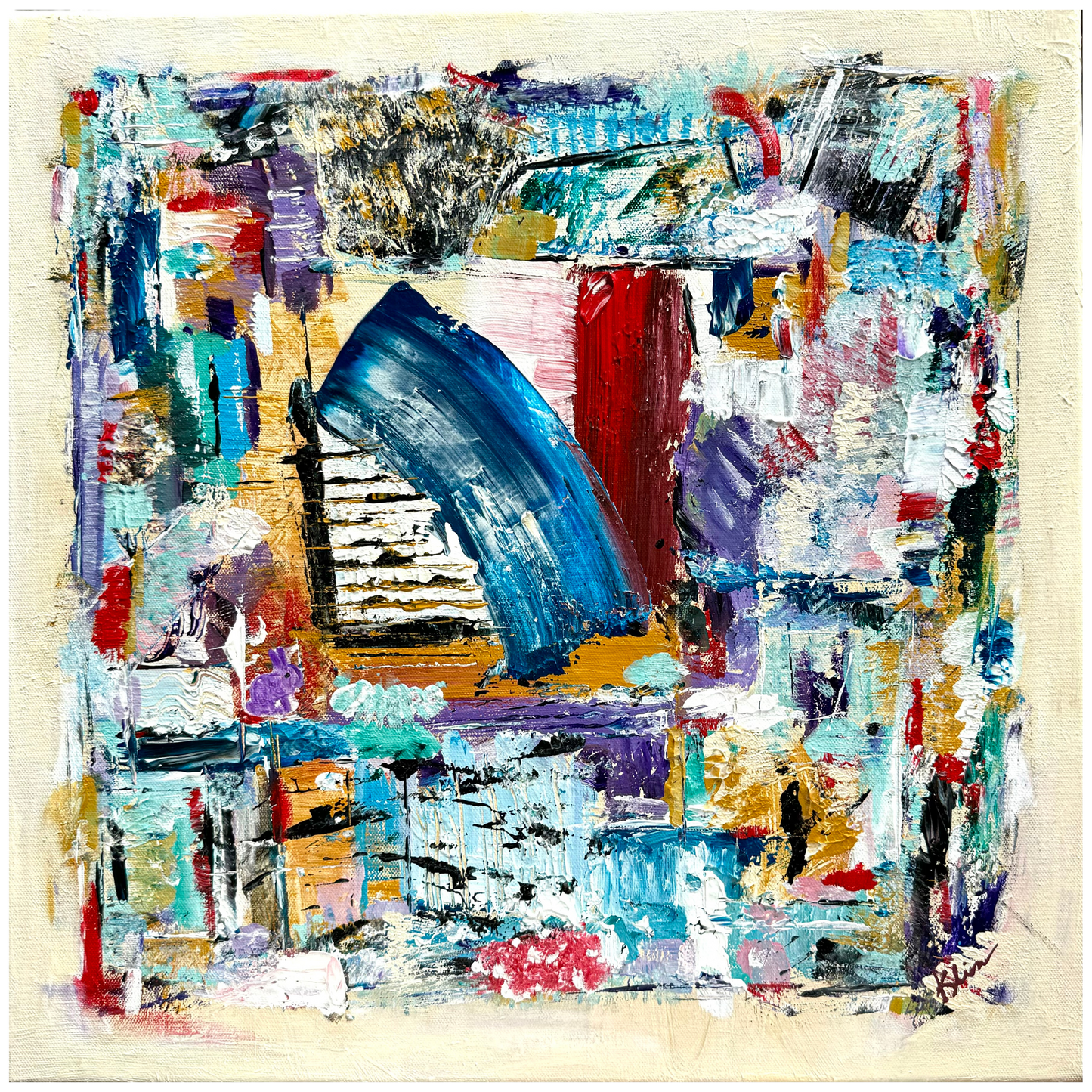 "Flexible" Even if everyone is taking the straight and narrow, don't hesitate to take your own path and be flexible. Abstract painting by Sandra Klim, 20 x 20, acrylic on canvas.