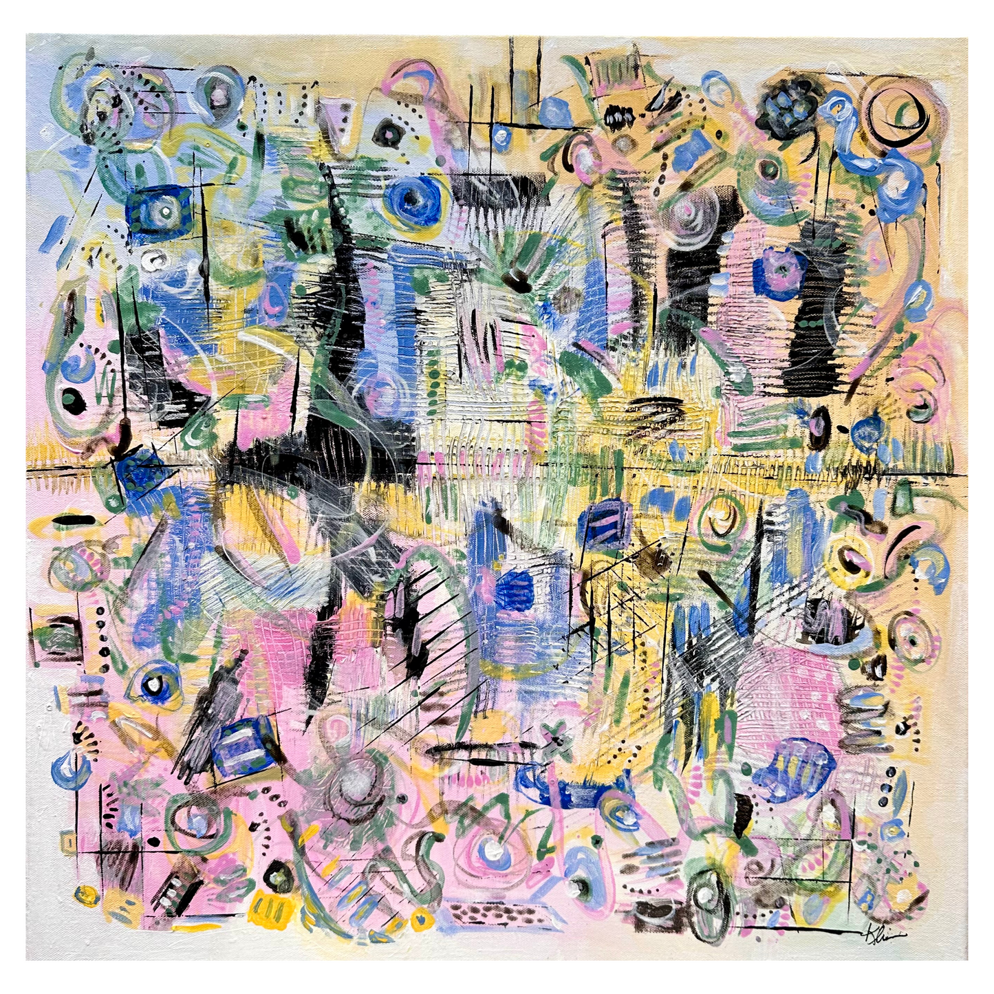 "Random Thoughts" Original Artwork by Sandra Klim, St. Petersburg, FL. An abstract expressionist painter. 24" x 24" Acrylic on Canvas
