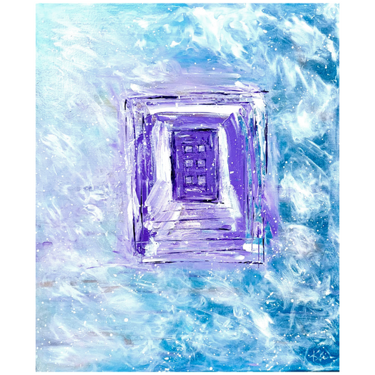 "Ona and the Purple Door" - Abstract painting by Sandra Klim, 20 x 24, acrylic on canvas. Do you see our little friend, Ona, checking out the purple door? What is her next move and where will the purple door take her?